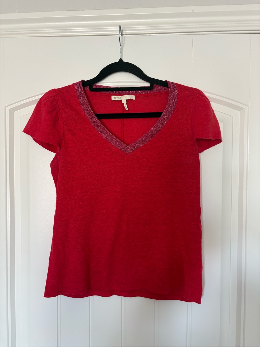 Maje Red Short Sleeve V-Neck Top with Sparkle Trim